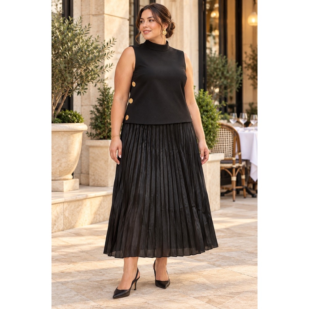 Luxury Minimalist Pleated Midi Dress Mock Cocktail Black Formal Wedding Sz 1X